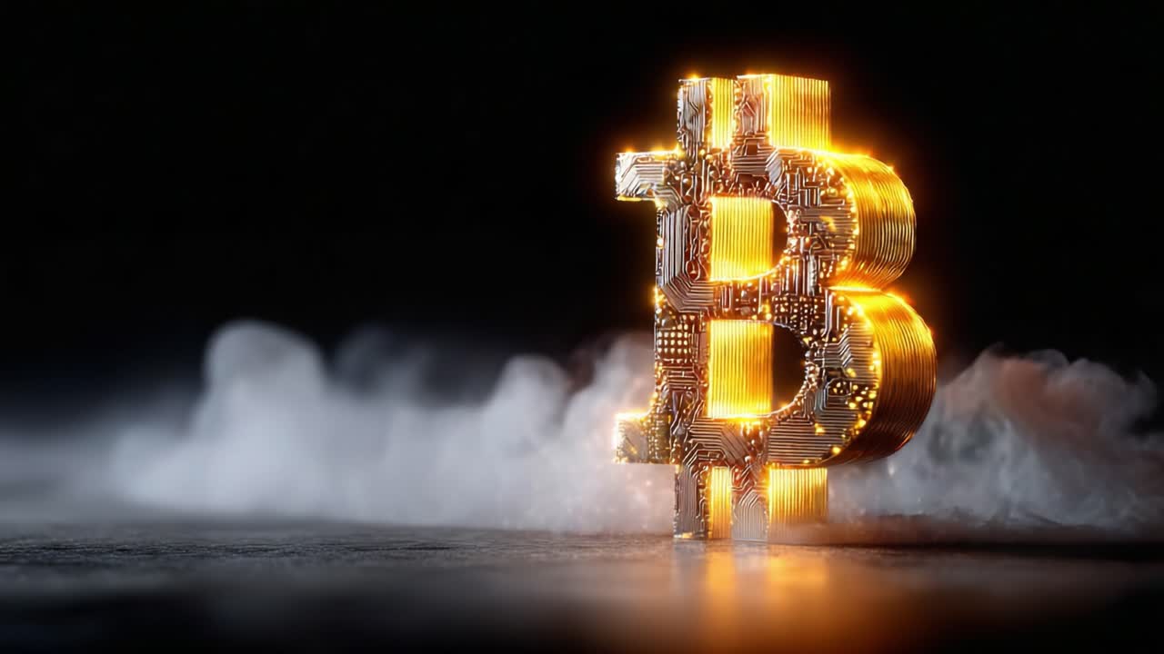 A Stunning 3D Representation of Bitcoin, Illuminated Against a Dark Background, Showcasing the Digital Currency's Symbol with a Futuristic Glow and Intricate Circuit Patterns