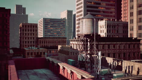 a view of a city from a rooftop, with a water tower in the foreground