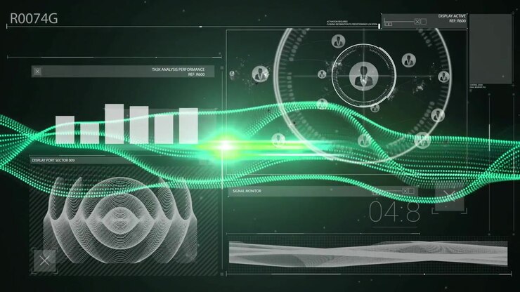 Futuristic digital dashboard displaying flowing waveforms, bar chart and HUD gauge in flat design