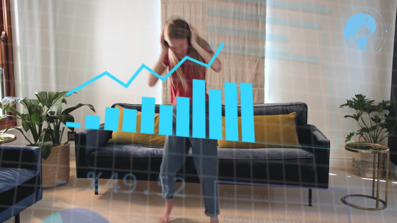 Woman adjusting headphones and standing, dancing to music in home, animated charts collecting data