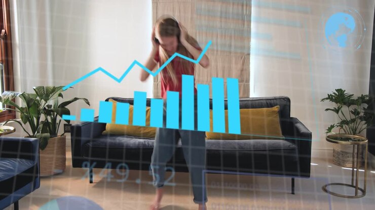 Donna che sistema le cuffie e balla a casa ascoltando musica, grafici animati che raccolgono dati