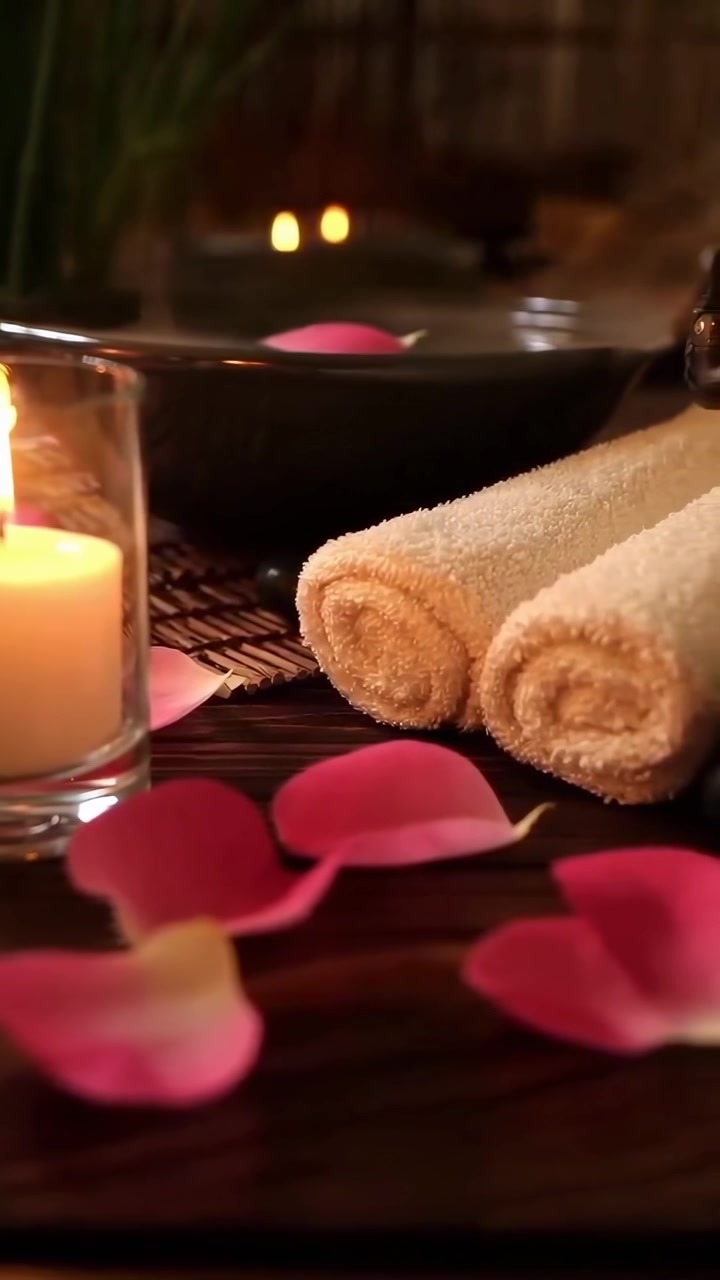 Fredfyldt spa-scene med brændende stearinlys, rosenblade og håndklæder