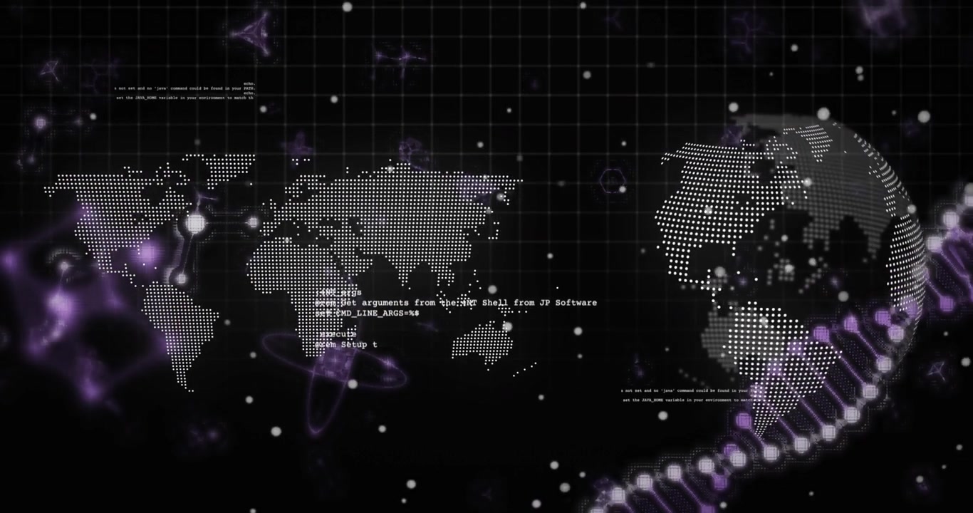 Flickering code initiating holographic UI, map, rotating globe revealing DNA helix twisting, fading