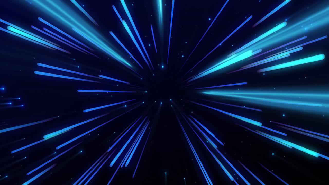 Animation of blue neon light trails and light spots over black background