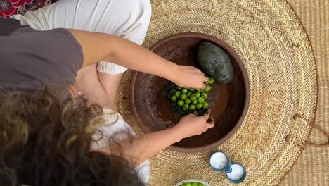 ripe green delicious plum infusion wonderful scenic top view shot salt chopped smashed vegetables aromatic tasty fruit infuse in rural village countryside curly hair woman iran persian refreshment