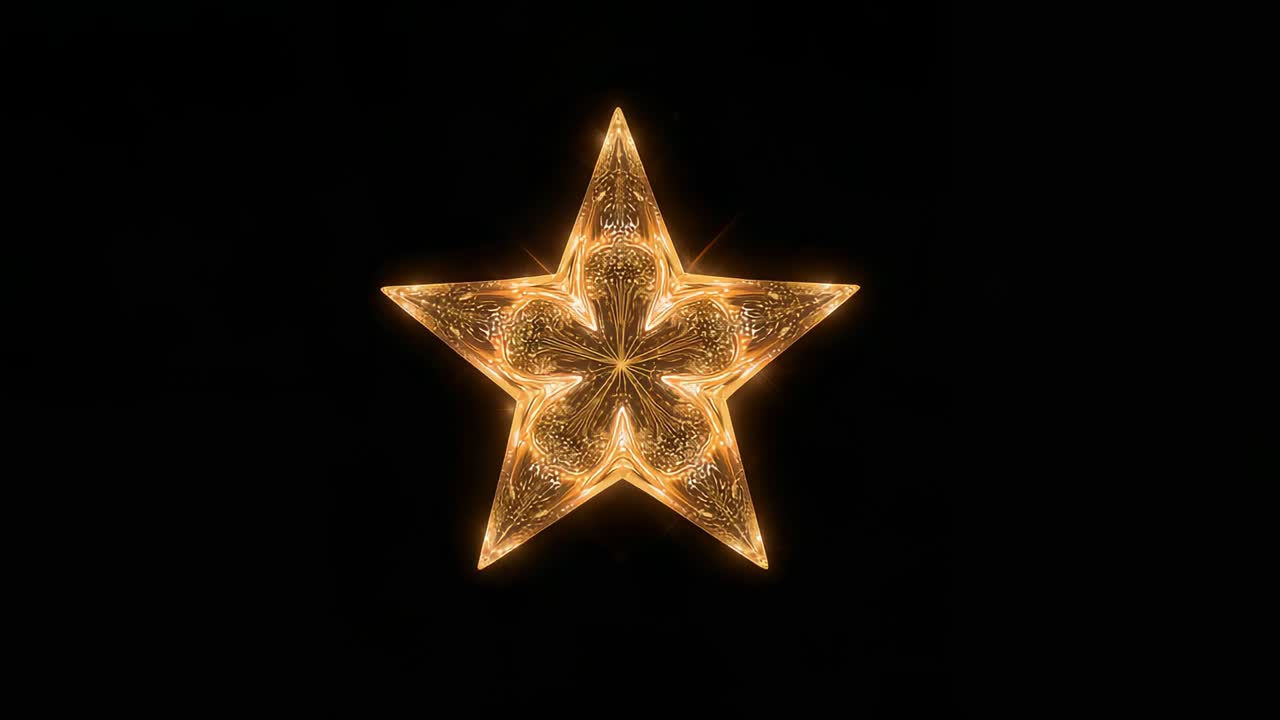 Clip starting ornate fivepointed golden star pulsing, expanding on black void, showing filigree