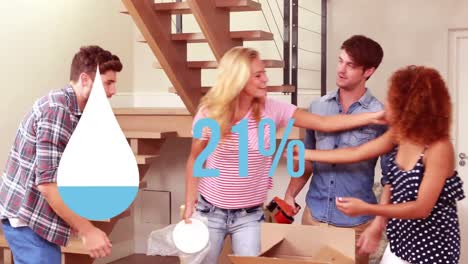 animación de gota de agua y porcentaje sobre feliz pareja caucásica y amigos mudándose a una nueva casa.