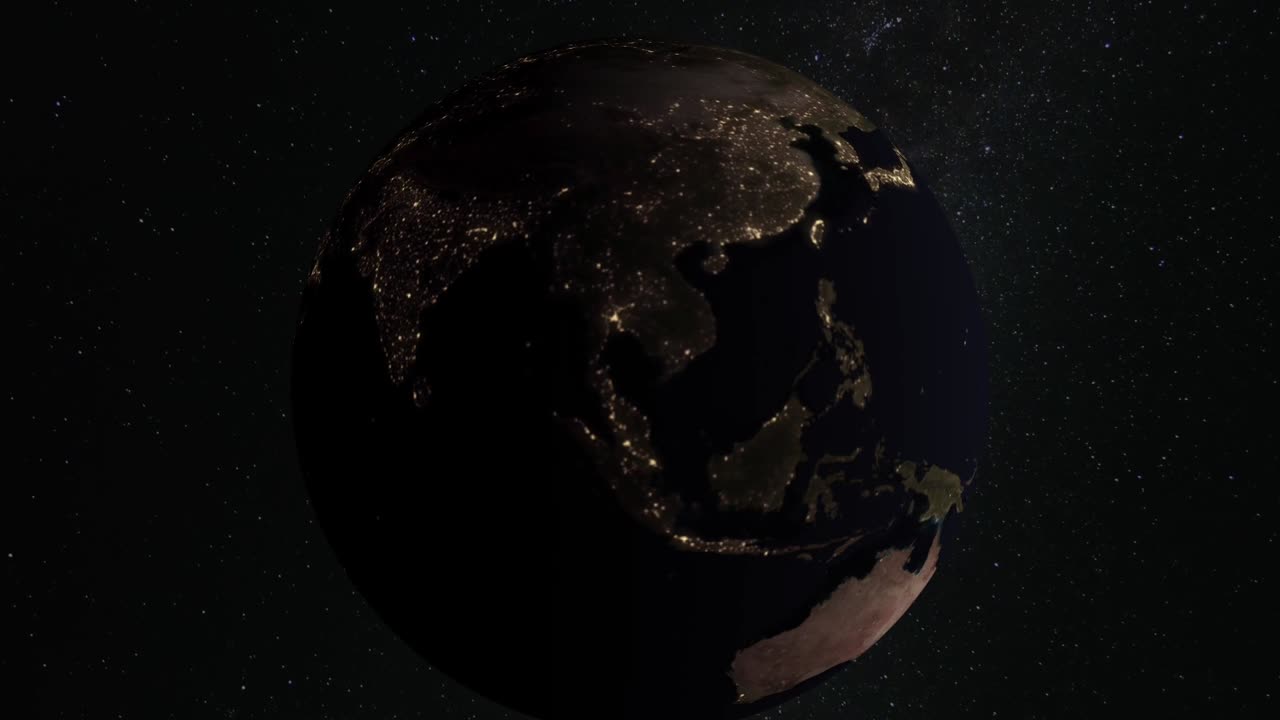 惑星、地球、世界、地球儀、スペース、天の川、回転星、宇宙、科学、地理、太陽光、街の明かり、タイムラプス