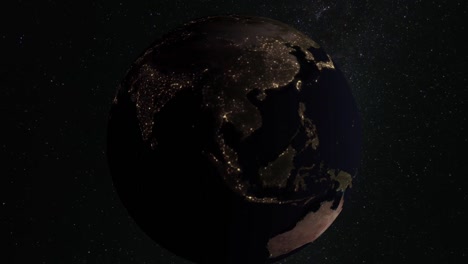 Planet-Earth-World-Globe-Space-Milky-Way-Rotating-Stars-Universe-Science-Geography-Sun-Light-City-Lights-Timelapse