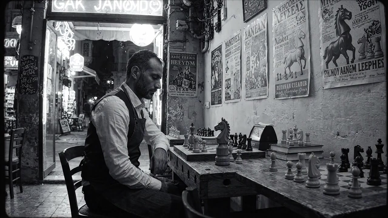 Un maestro di scacchi contempla la sua mossa in un caffè vintage circondato da poster intriganti e un'atmosfera silenziosa di strategia e riflessione.