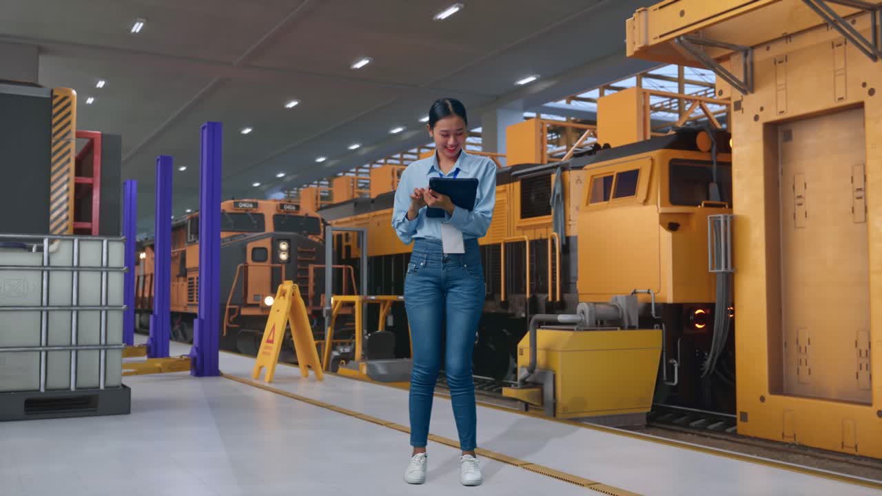 Full Body Of Asian Female With Her Tablet, Train Maintenance Engineers in a Depot, Typing On Her Tablet'S Keybaord With Meditation