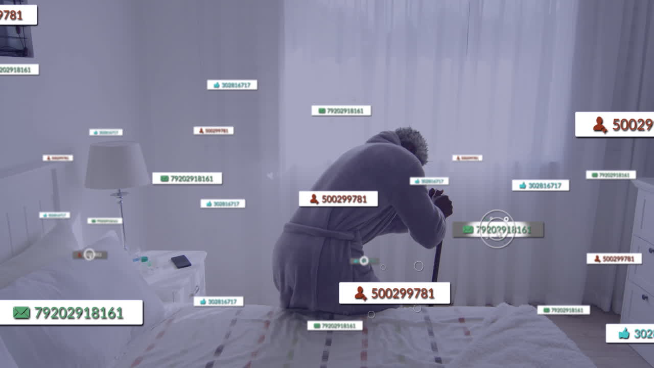 Leaning on cane, elderly person in bathrobe surrounded by floating animation data