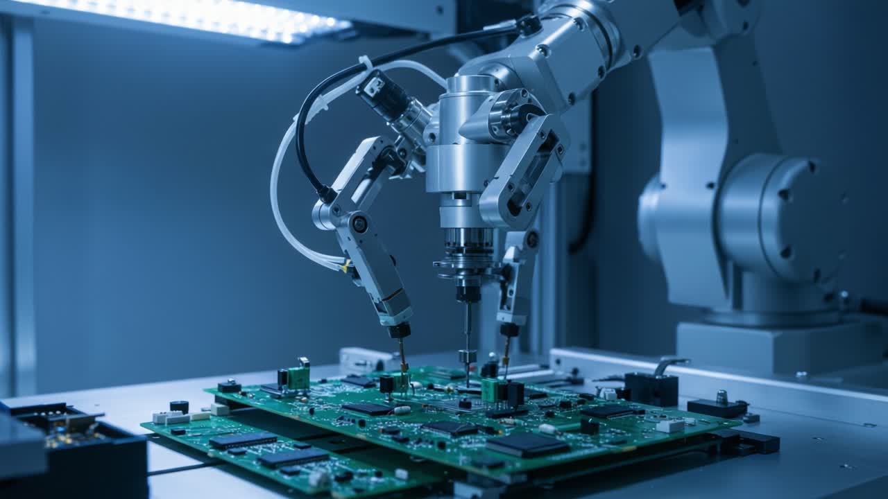 Advanced Robotic Arm Assembling Circuit Boards in High-Tech Manufacturing Setup, Showcasing Precision and Automation in Electronics Production