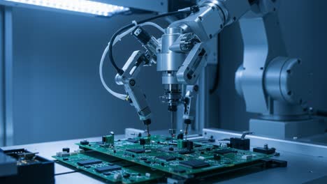advanced robotic arm assembling circuit boards in high-tech manufacturing setup, showcasing precision and automation in electronics production