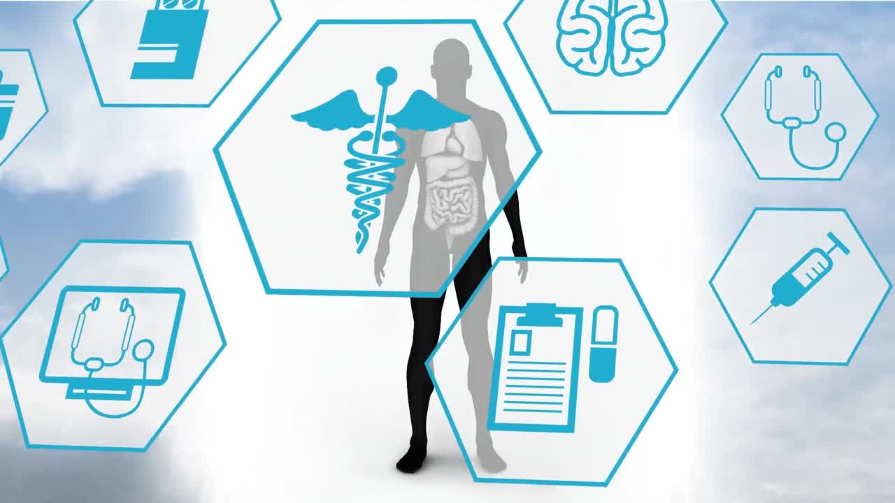 animación de iconos médicos sobre el modelo del cuerpo humano