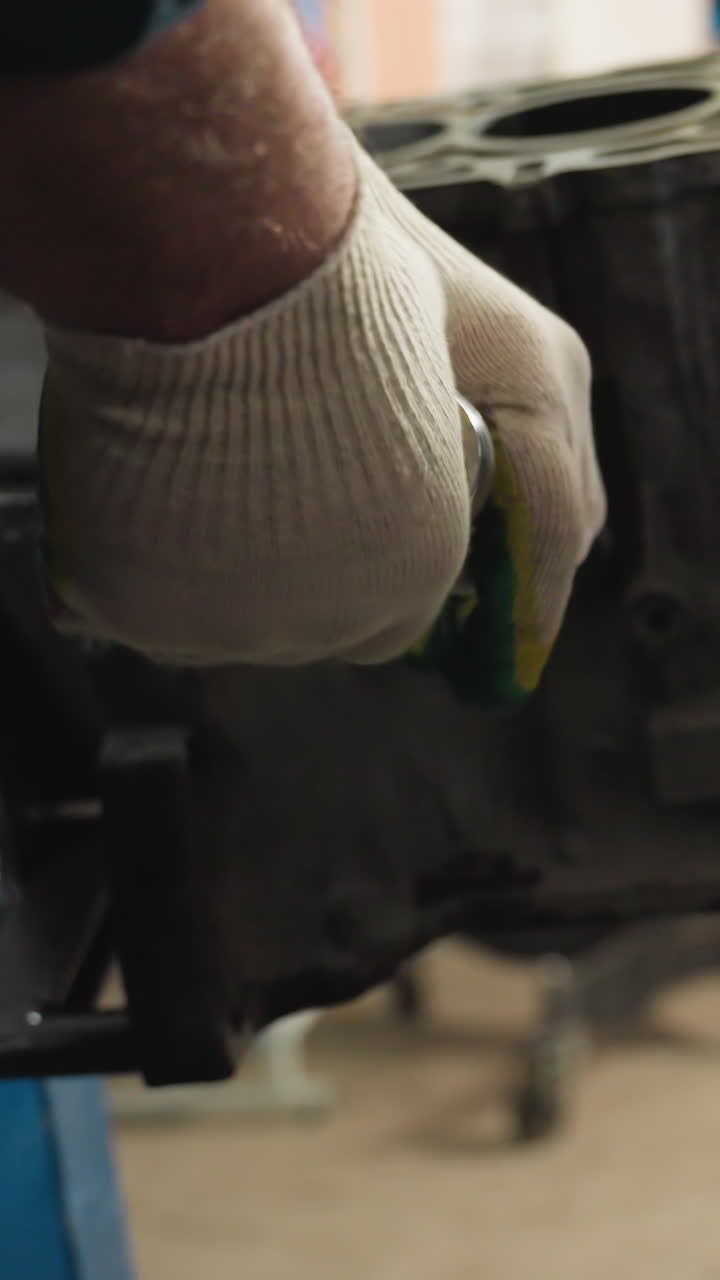 primer plano de un mecánico en uniforme azul usando un raspador amarillo en el motor del coche mientras otro mecánico con guantes rojos ayuda, trabajando juntos en un taller automotriz ocupado con herramientas y equipos