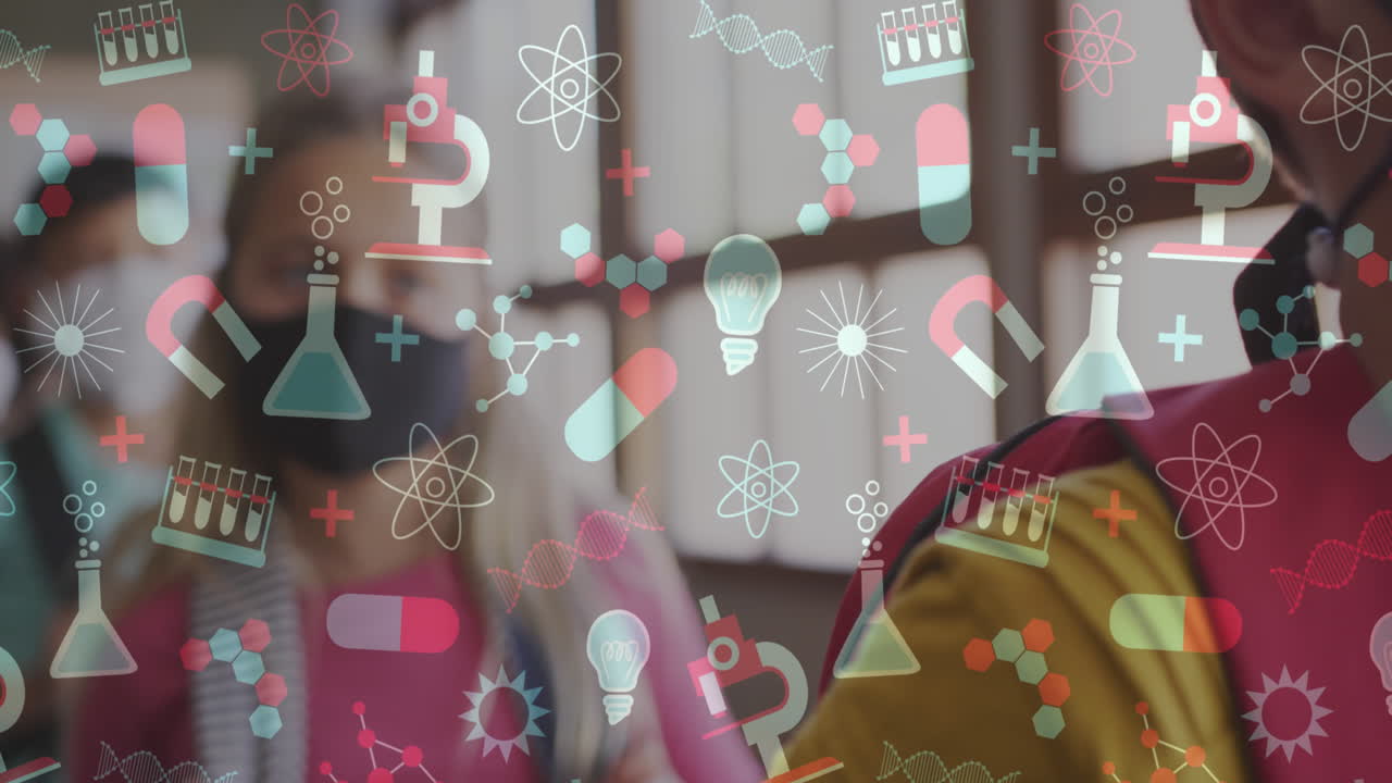 학교 아이템 아이콘의 애니메이션 학교에서 얼굴 마스크를 입은 학교 어린이