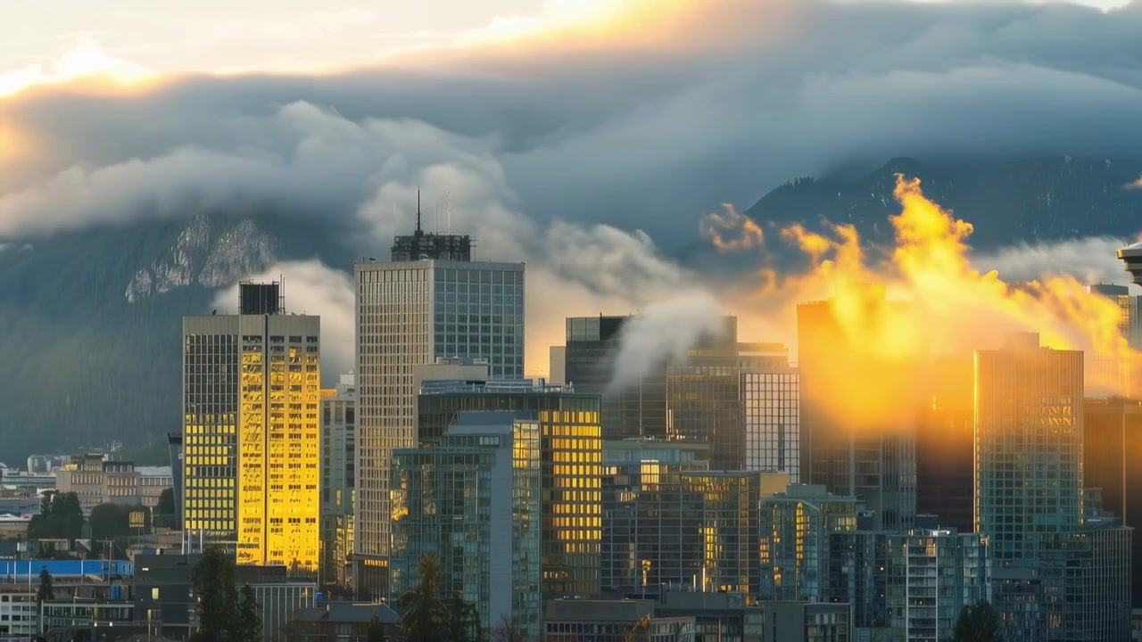 Pôr do sol dourado sobre o horizonte da cidade de Vancouver com nuvens baixas