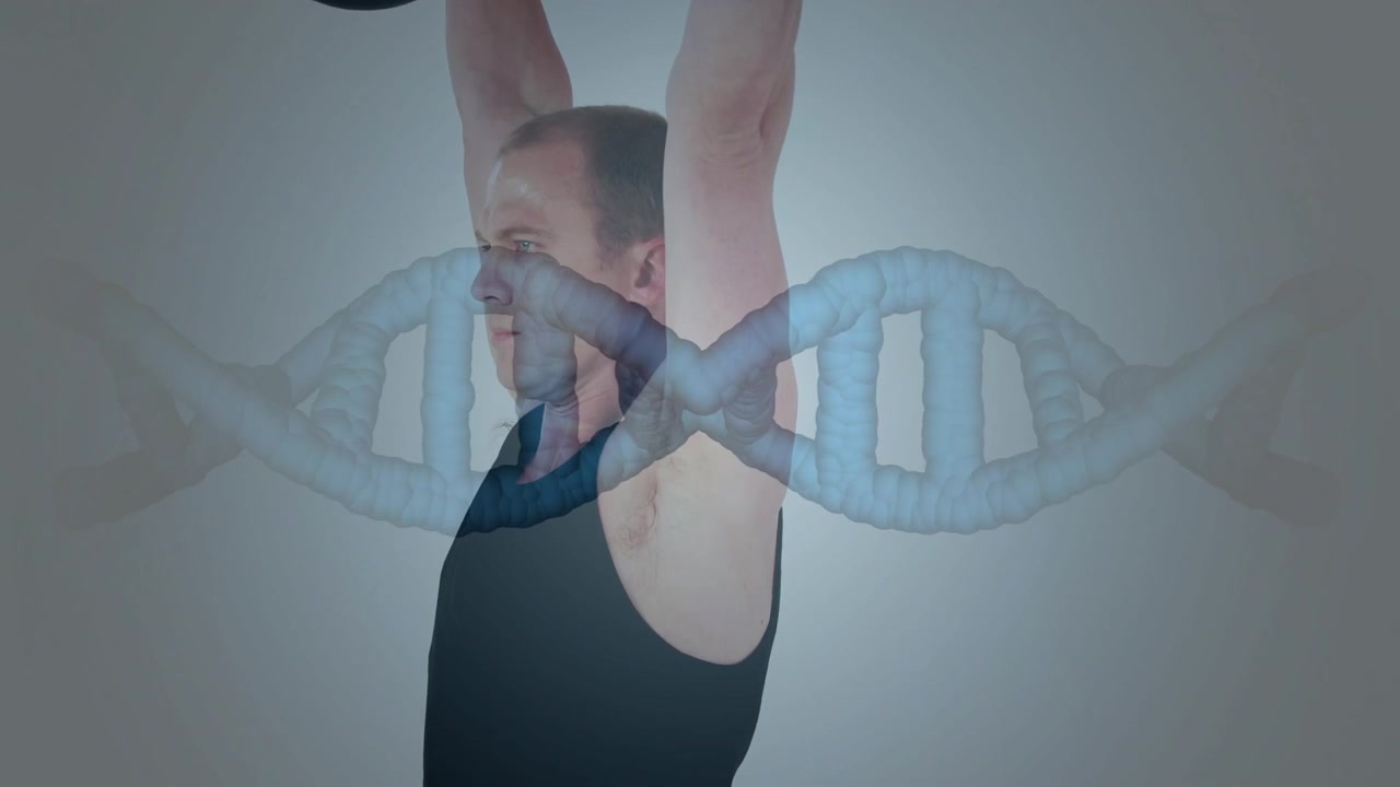 Male lifter bending hips knees, lifting bar to chest pressing overhead DNA overlay showing fitness