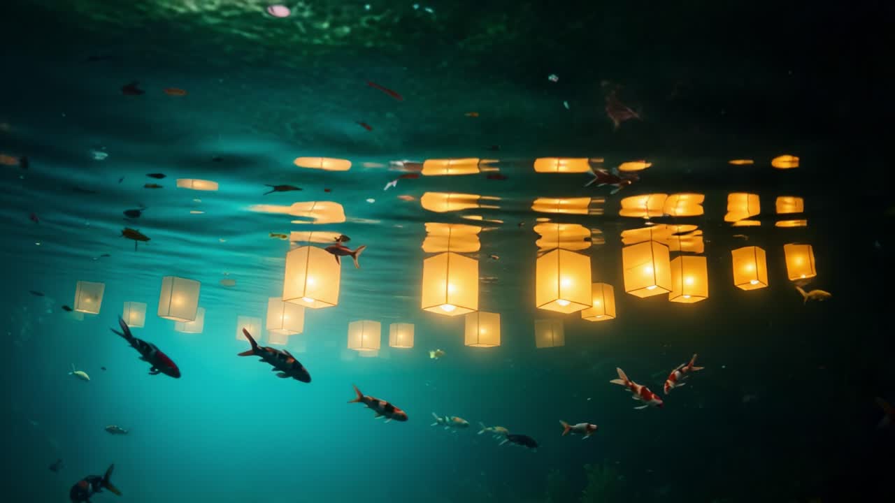 A mesmerizing underwater scene showcasing illuminated lanterns reflecting beautifully on the water surface, surrounded by colorful fish swimming gracefully in harmony