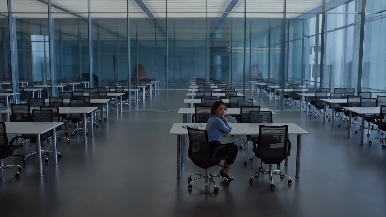 Empty Modern Office With Woman Sitting Among Rows Of Desks And Chairs, Floortoceiling Glass Walls, Cool Blue