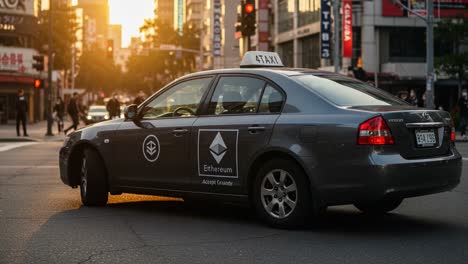a taxi turns at sunset in an urban setting, showcasing cryptocurrency promotion through branding on the side panel amidst vibrant city life