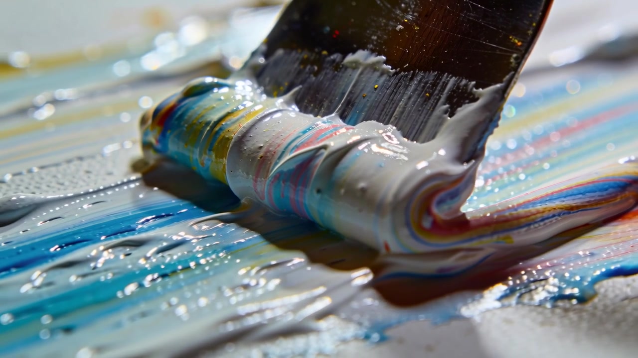 Spatola metallica a contatto con una perla stratificata, stende la pittura su un pannello con primer, sfumando i colori.