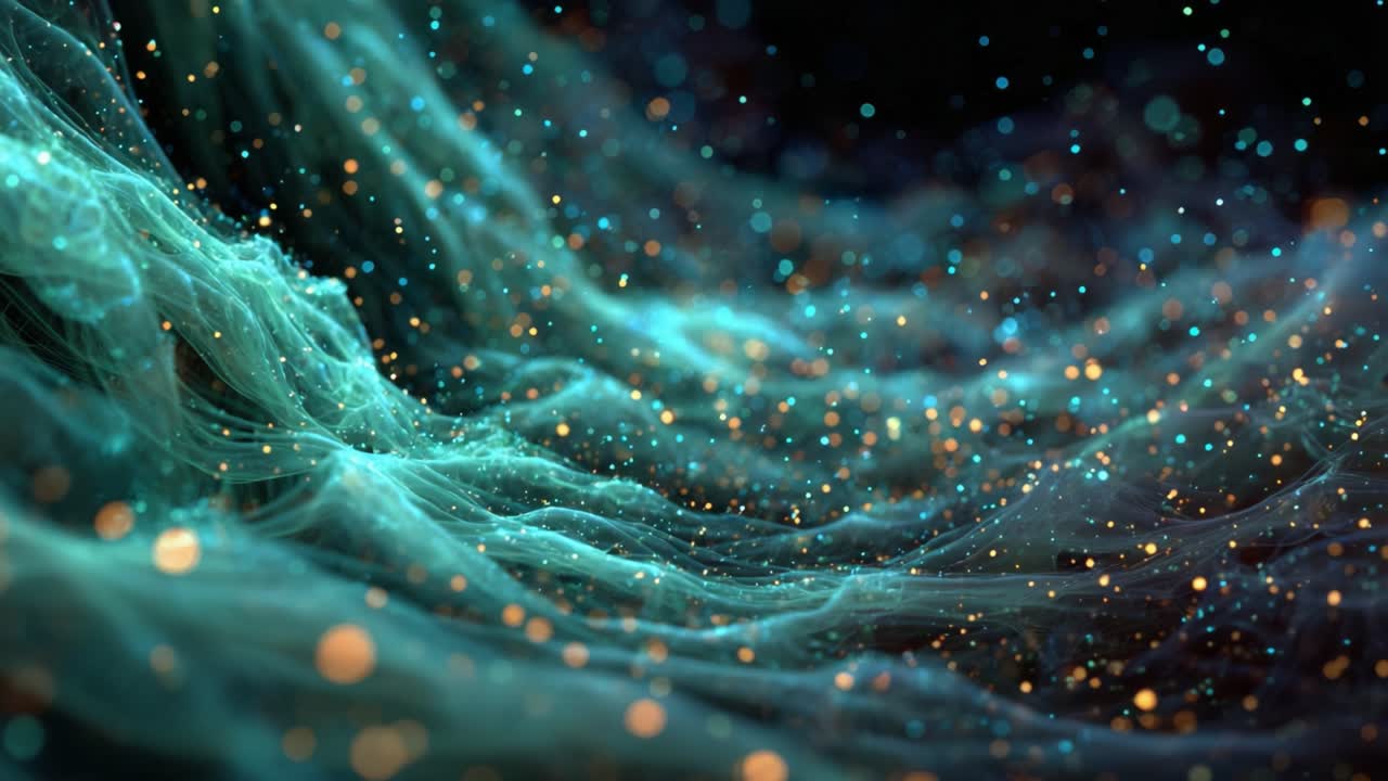 Ethereal and magical abstract background featuring glowing golden and cyan particles drifting over wispy, undulating teal structures, creating a sense of serene movement and deep space fantasy