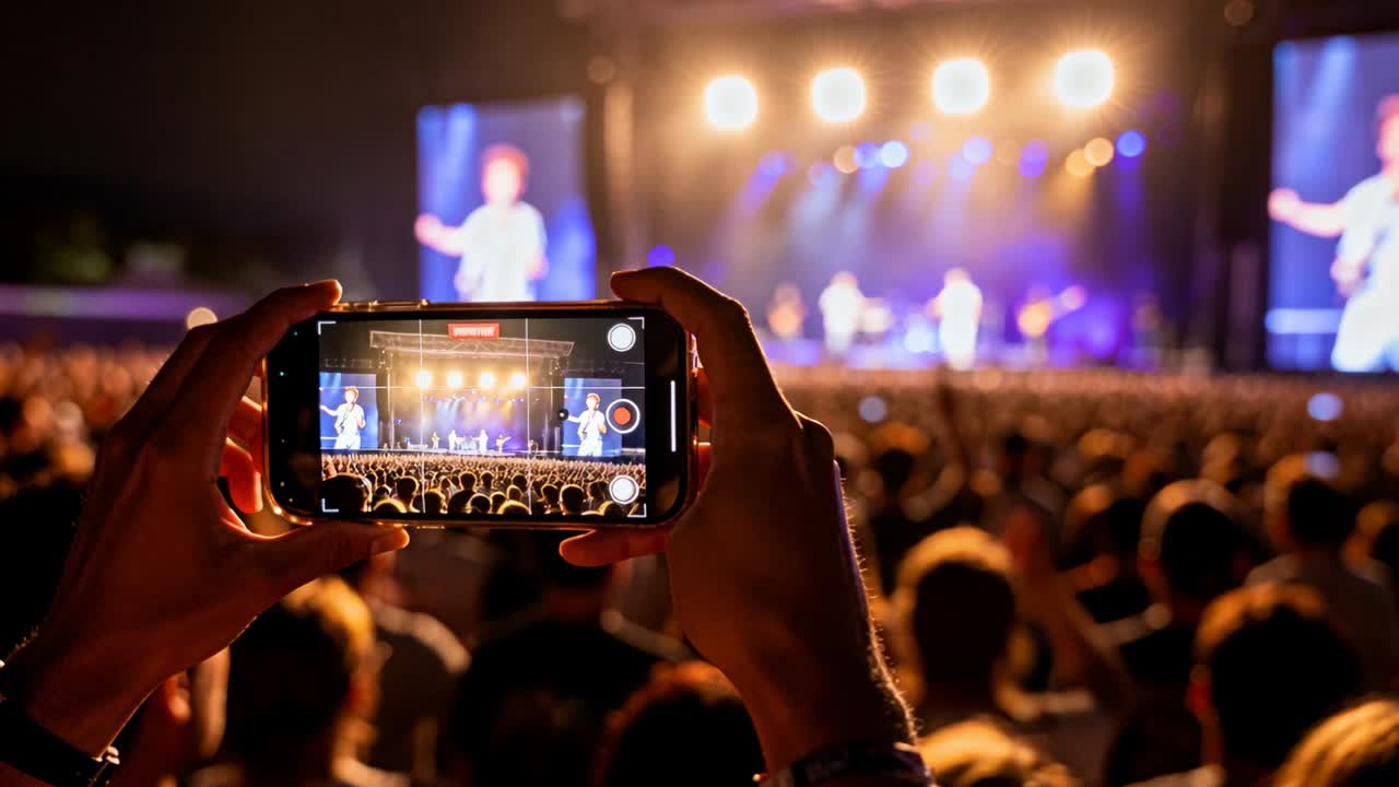 Fan grabando con el teléfono en un concierto nocturno, con luces ascendentes, capturando el escenario y las pantallas LED.