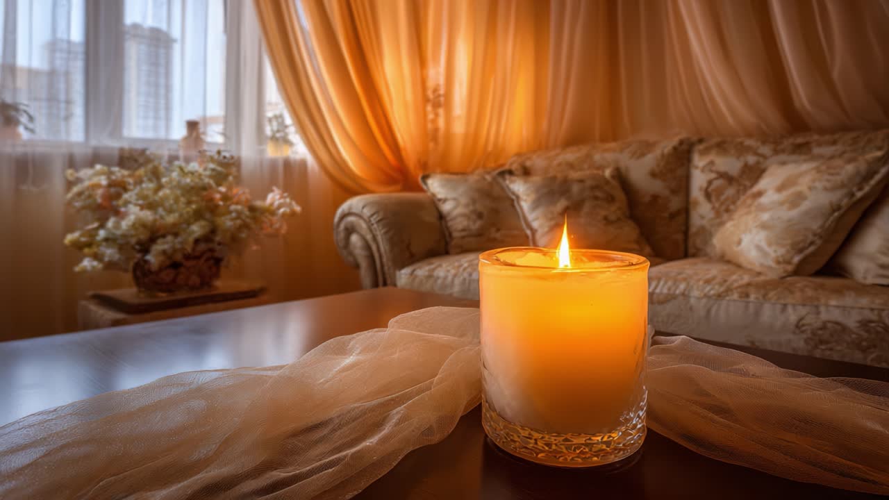 Espace de vie chaleureux et accueillant, avec une bougie scintillante, des tissus doux et une décoration élégante, créant une atmosphère douillette pour la détente et la réflexion.