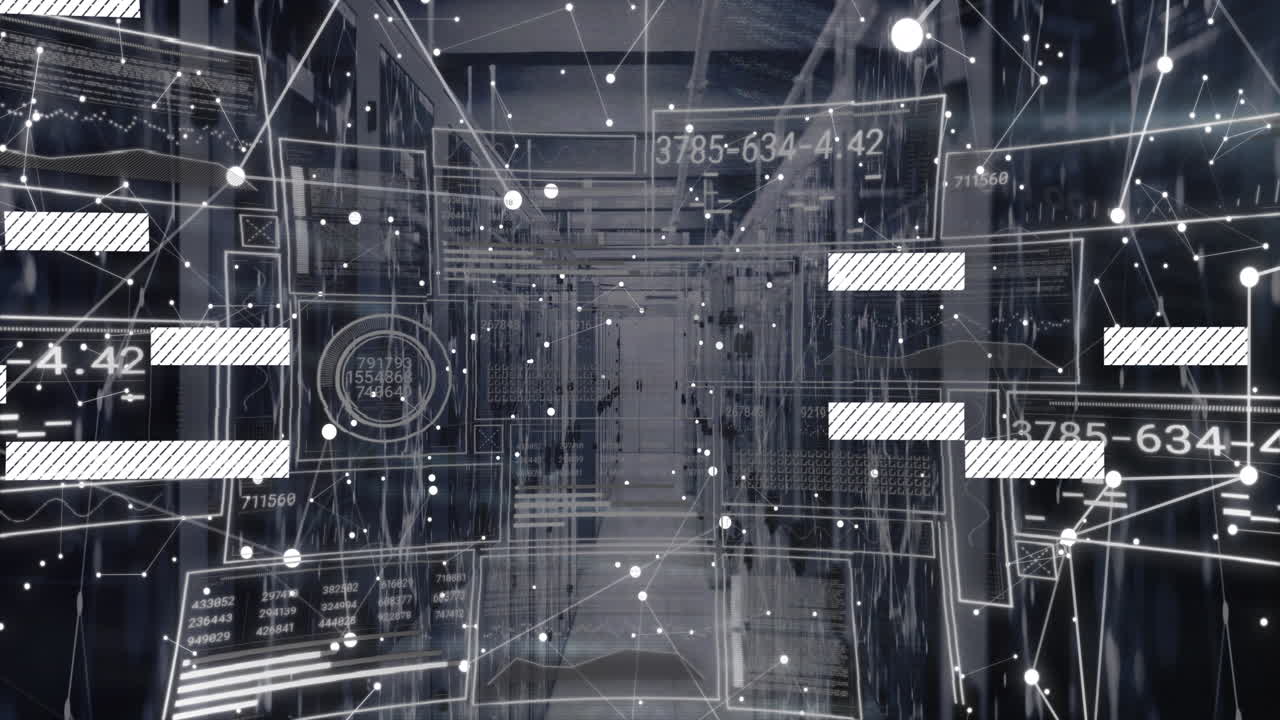 Animation of interface with data processing and network of connections against computer server room