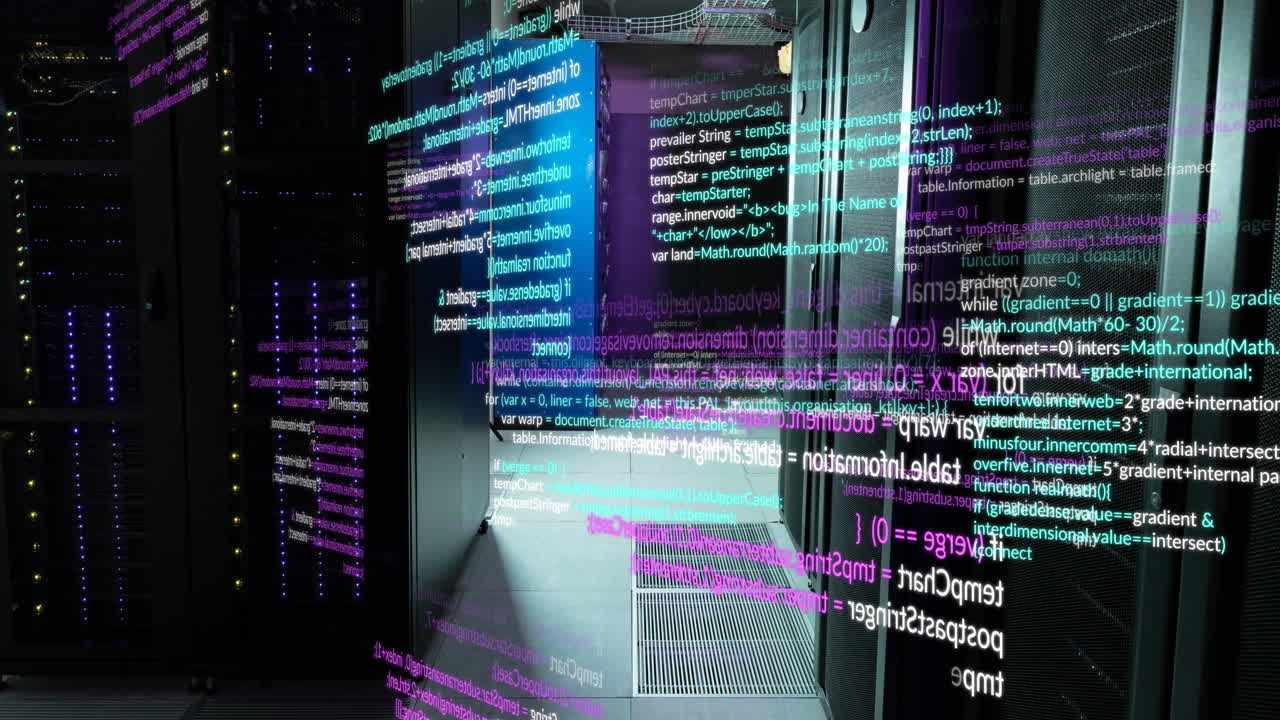 animación del procesamiento de datos frente a una sala de servidores de computadora vacía
