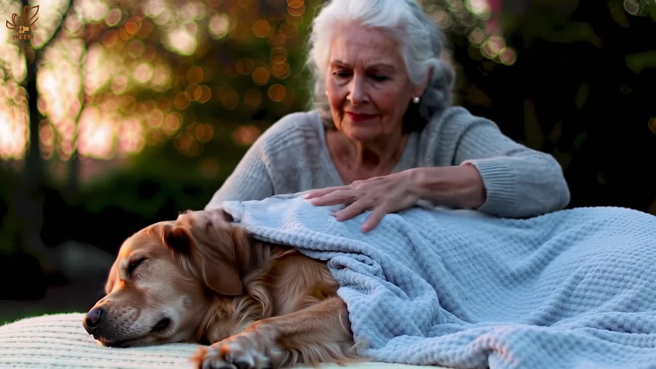 A Heartwarming Moment of Care: An Older Woman Gently Covers Her Sleeping Dog with a Blanket During a Tranquil Evening in Their Garden