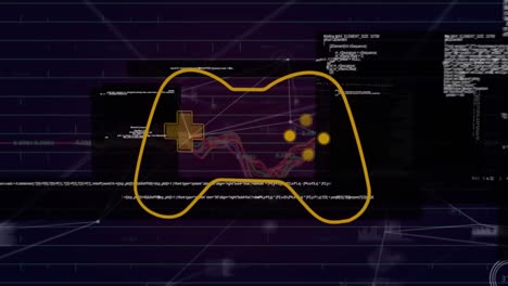 animation of video game pan and data processing over black background