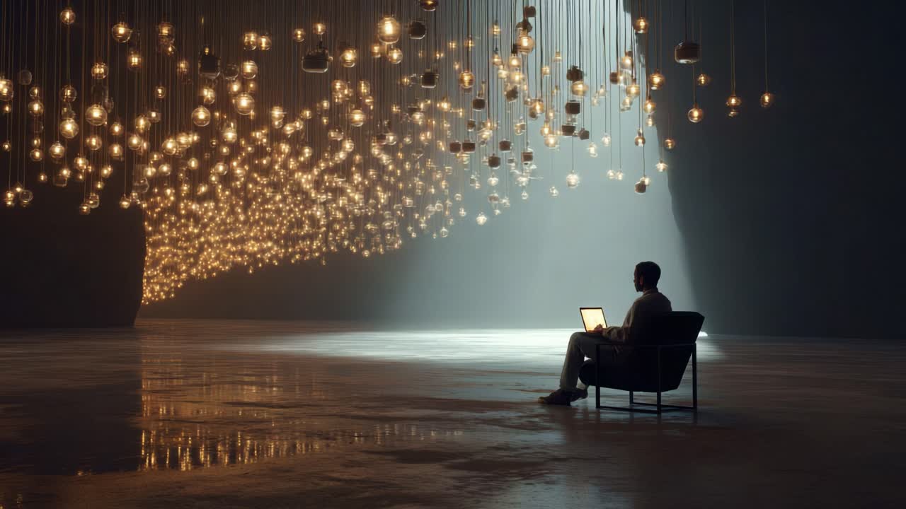 A solitary figure engaged in creative thought is illuminated by cascading lights in a serene, modern environment, showcasing the intersection of technology and artistry in a captivating atmosphere