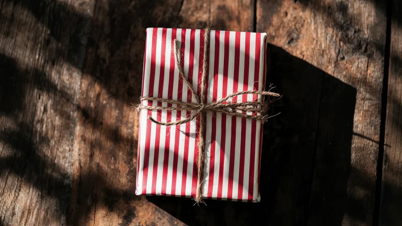 A Red and White Striped Gift Box Tied With String on a Wooden Table