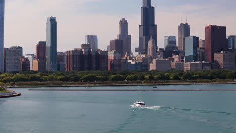 chicago skyline with boat on lakefront