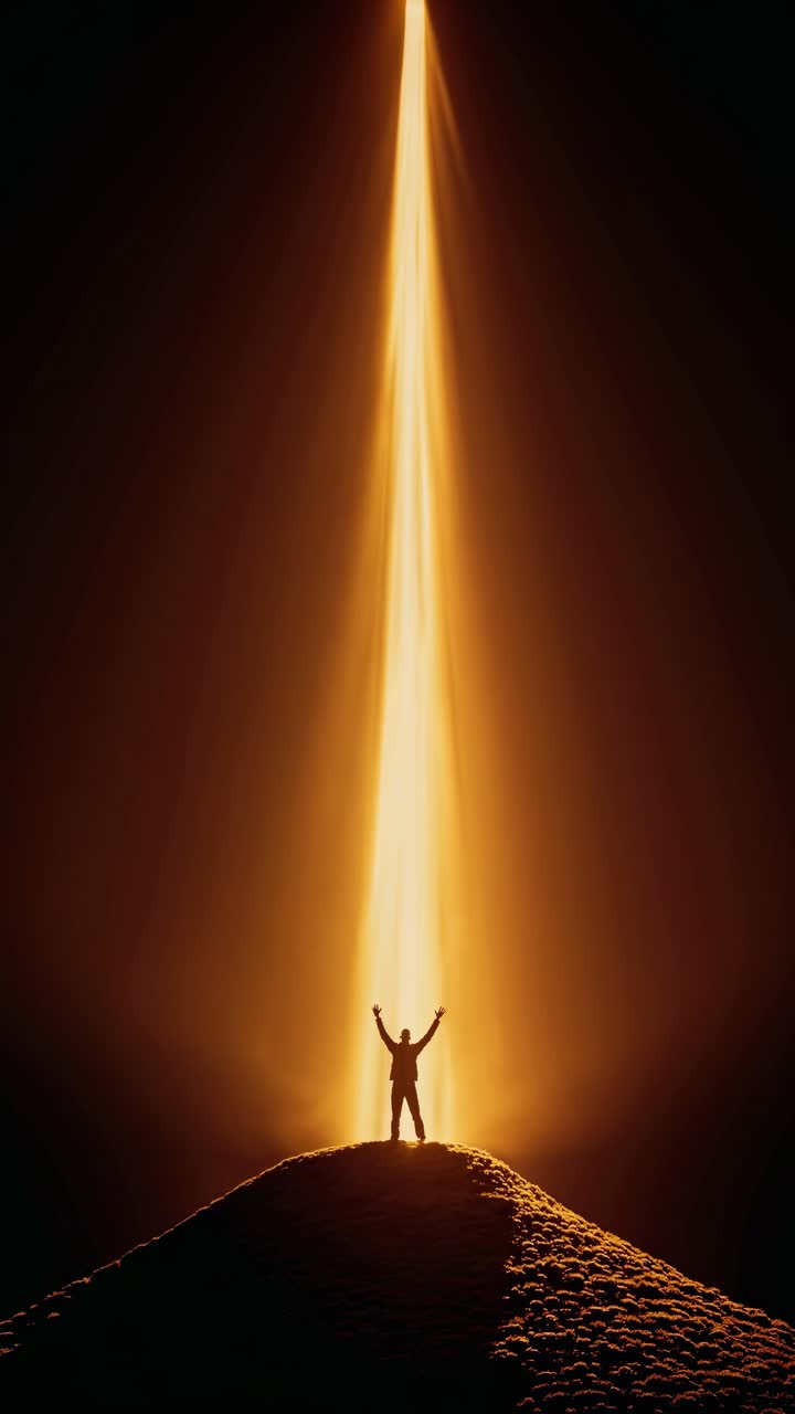 Silueta de una persona en la cima de una colina con los brazos levantados, iluminada por un dramático rayo de luz vertical