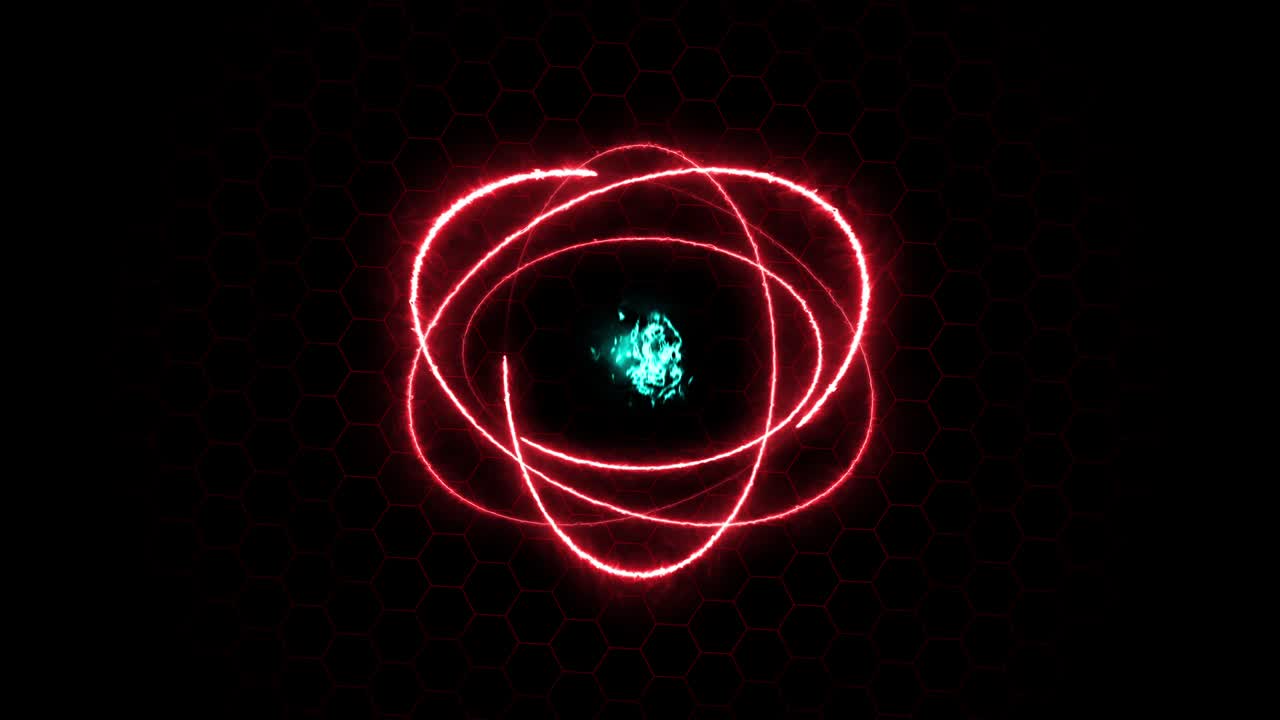 Colorful fiery atom sphere circle magic shiny rotation loop around the core on a black background