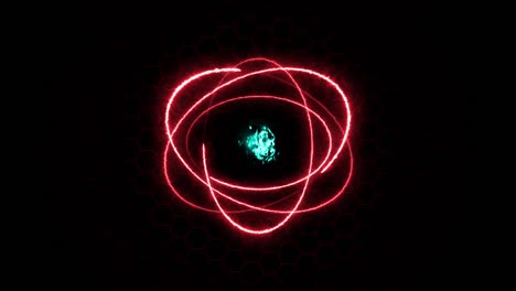 colorful fiery atom sphere circle magic shiny rotation loop around the core on a black background