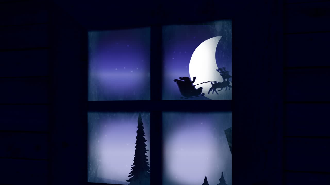 оконный каркас над санта-клаусом в санях, тянутый оленями против ночного неба