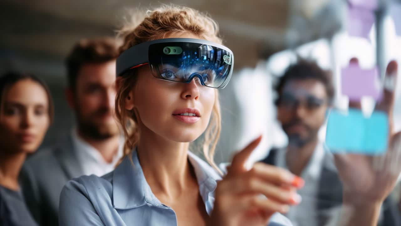 Pensatori innovativi che utilizzano la tecnologia della realtà aumentata per collaborare e visualizzare concetti con occhiali smart all'avanguardia in un moderno ambiente di lavoro