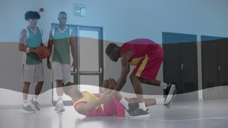 animation of flag of estonia over african american male basketball player at gym