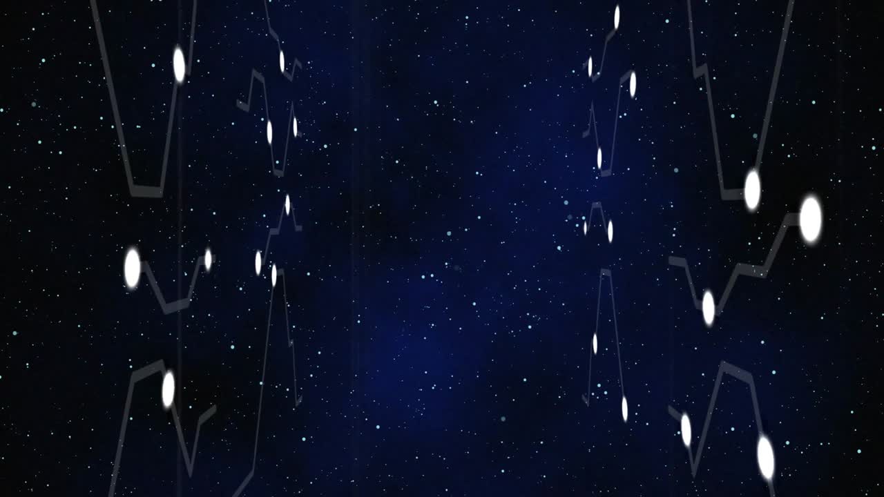 Flat design displaying navy background scattered with star dots and mirrored node-link networks