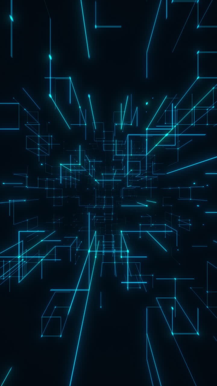 Scie di luce digitale blu verticali e veloci in tunnel wireframe futuristico. Rendering 3D in loop