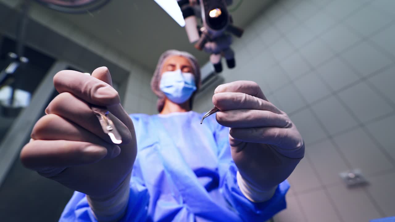 Modern microscope for eye operation at the hospital. Health care concept. Doctor preparing for operation, eye operation.