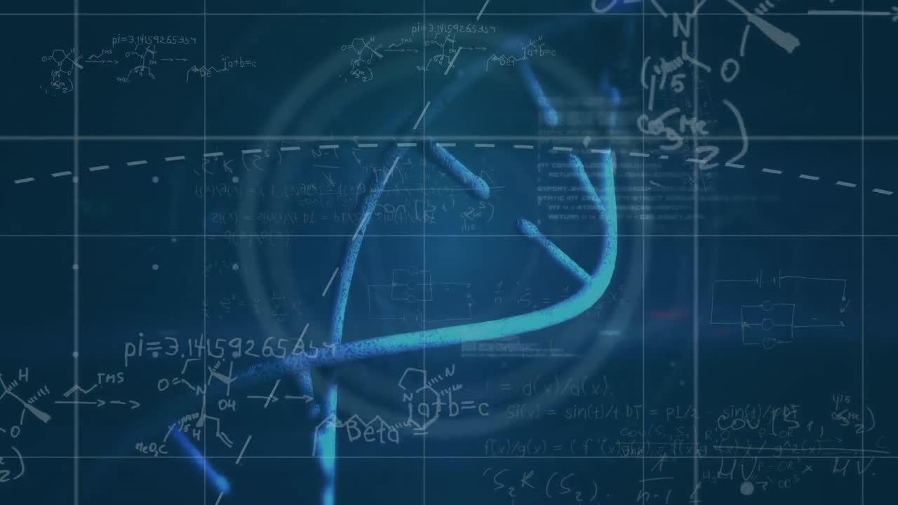 dna 가닥의 애니메이션, 수학적 방정식 및 데이터 처리 검은색 배경