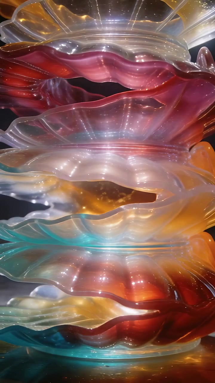 Vertical video: Moving camera revealing stacked glass plates at gallery, highlighting warm glow