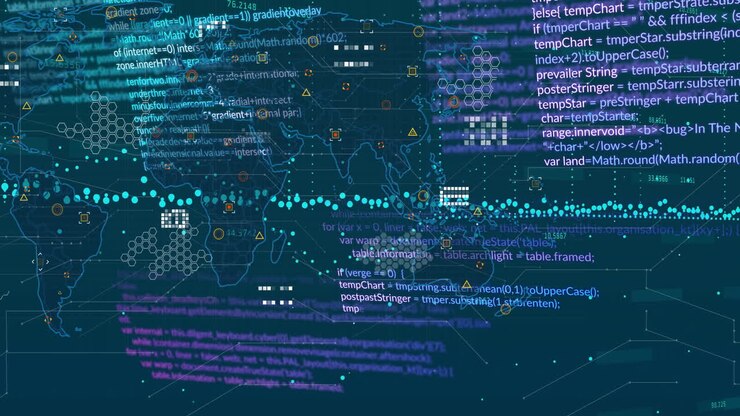 Animating programming code and data visualization over world map on screen