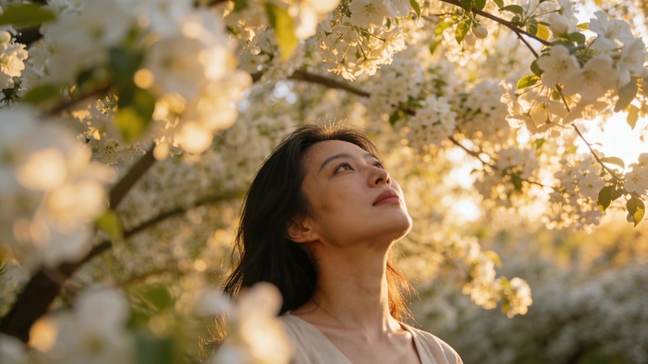 Donna asiatica che guarda in alto in un frutteto, con la telecamera che si muove inquadrando fiori bianchi e una collana a V.
